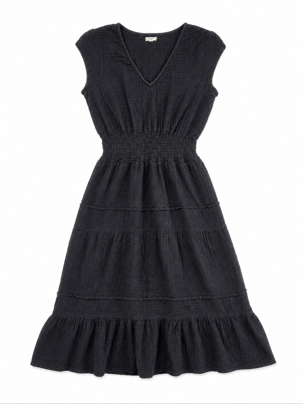 Maisie Black Cotton Dress Gauze Tiered Smocked Waist Boho Size Large
